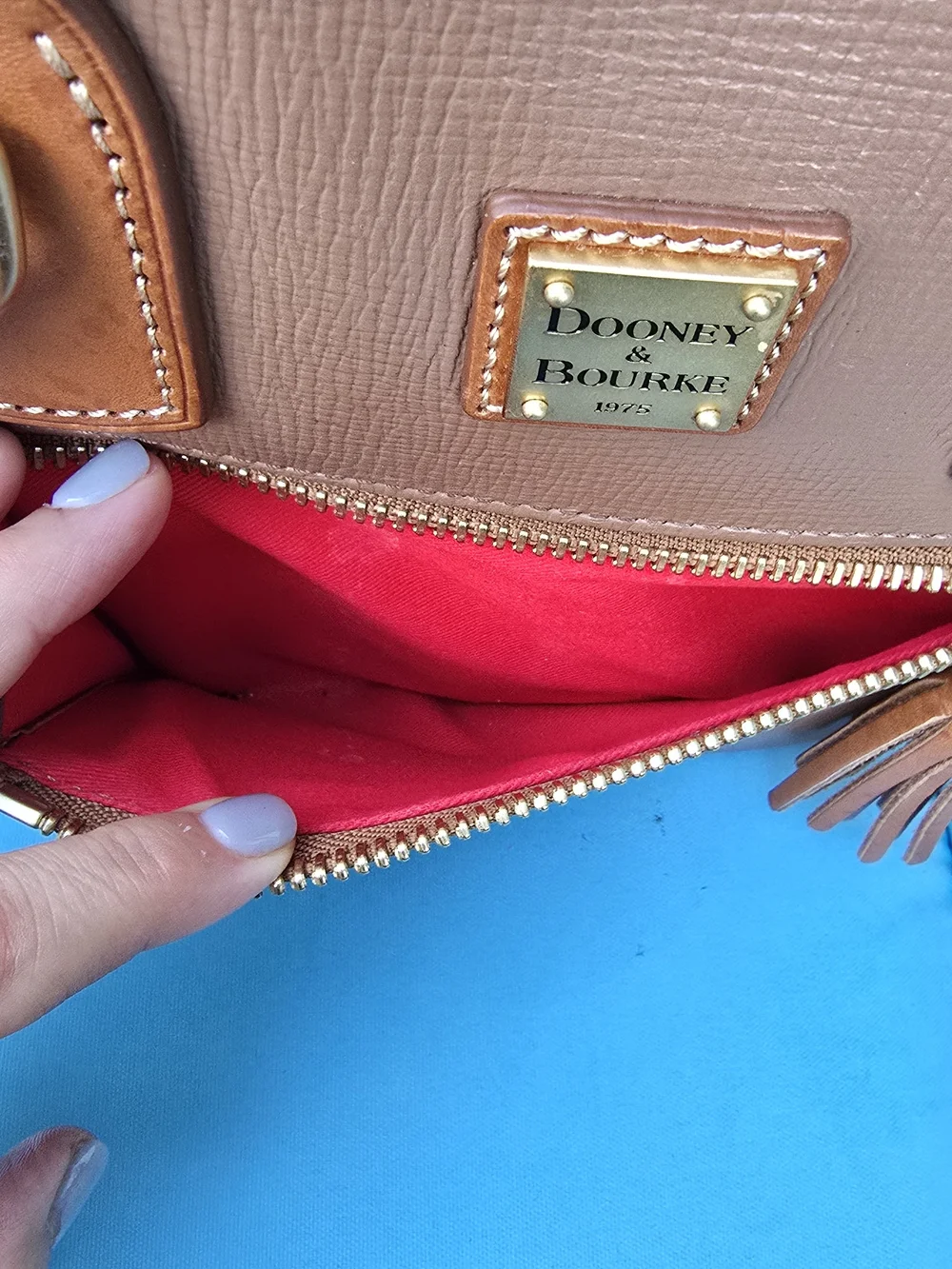 Dooney & Bourke Brown Leather Tote with Tan Trim and Tassel